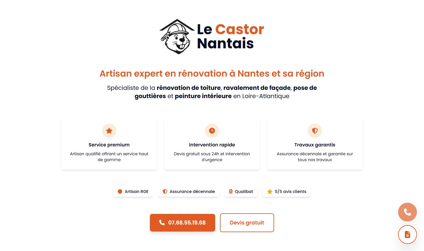 Hero — accroche, badges de réassurance et CTA d'appel direct