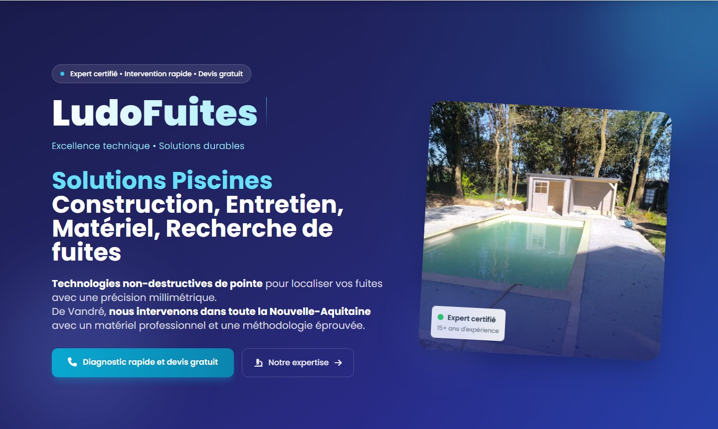 Hero — accroche métier, badges d'expertise et appel direct cliquable