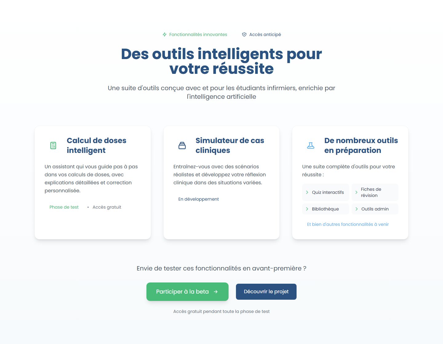 Fonctionnalités innovantes en accès anticipé : calcul de doses, simulateur de cas cliniques, fiches de révision