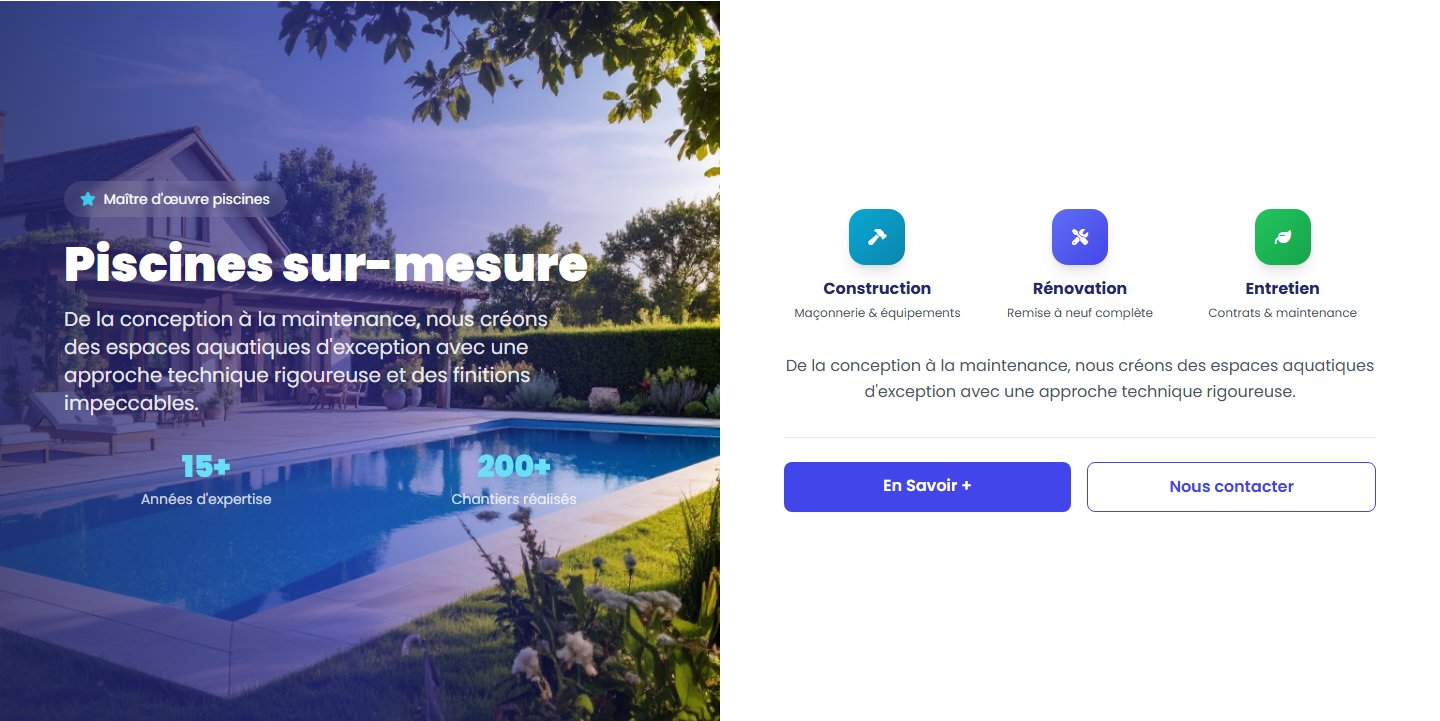 Piscines sur-mesure — construction, rénovation et entretien en split-screen