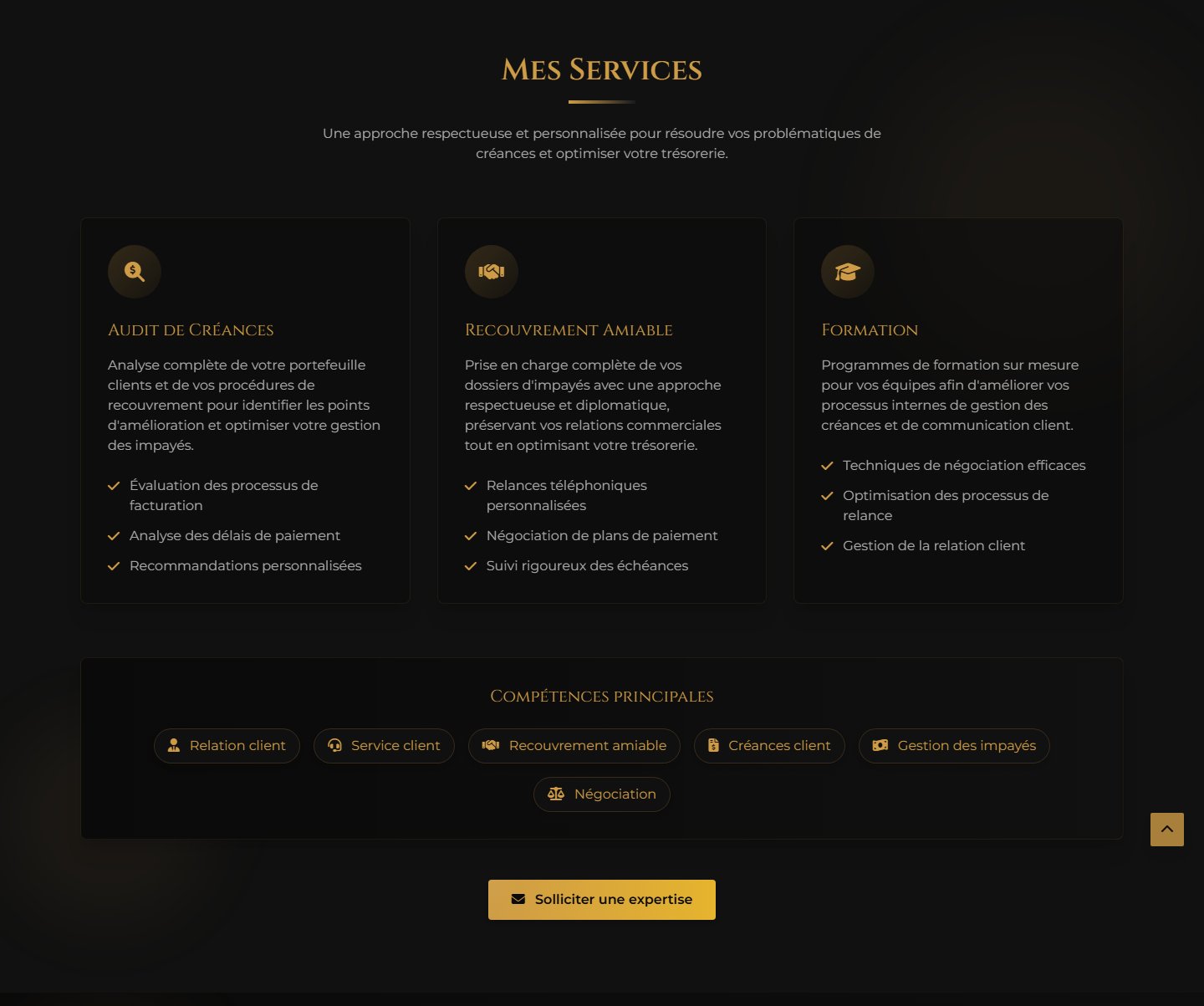 Services — audit de créances, recouvrement amiable, formation interne des équipes