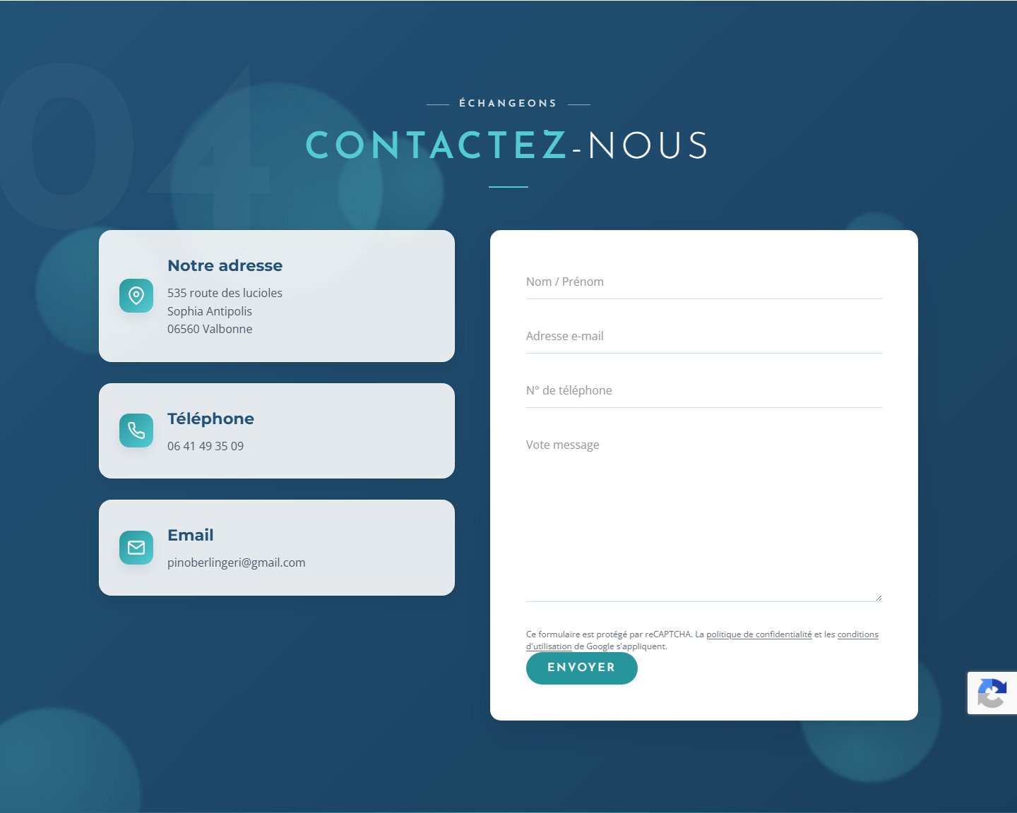 Contact — formulaire protégé anti-bot, adresse, téléphone direct cliquable