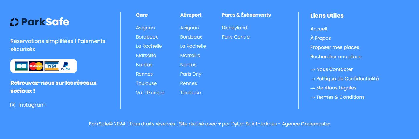 Footer avec liens utiles, mentions légales et accès rapides aux espaces