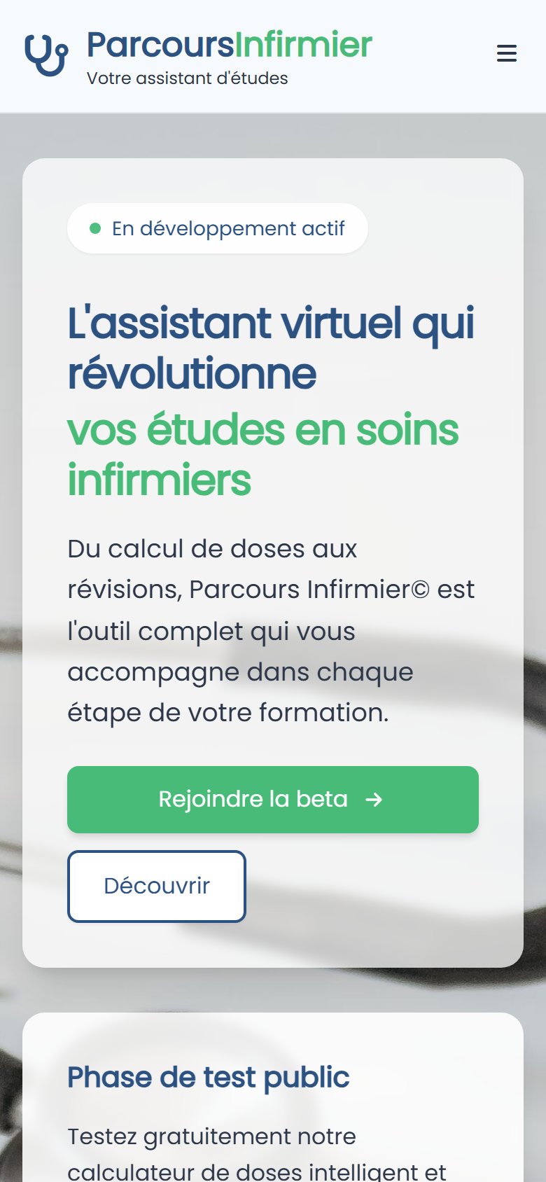 Vue mobile — hero adapté smartphone pour des étudiants qui consultent en cafétéria d'IFSI