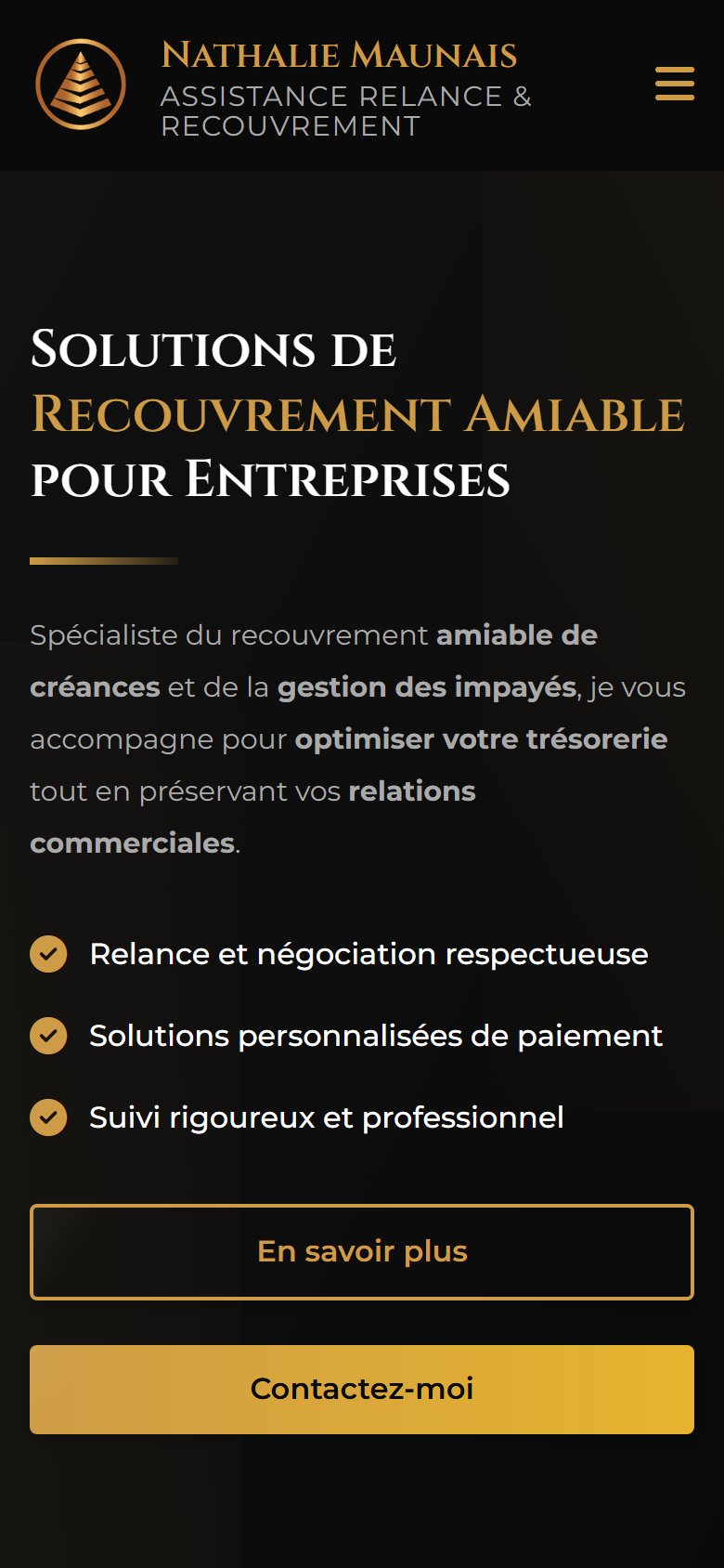 Vue mobile : hero adapté et CTA contact accessible au pouce