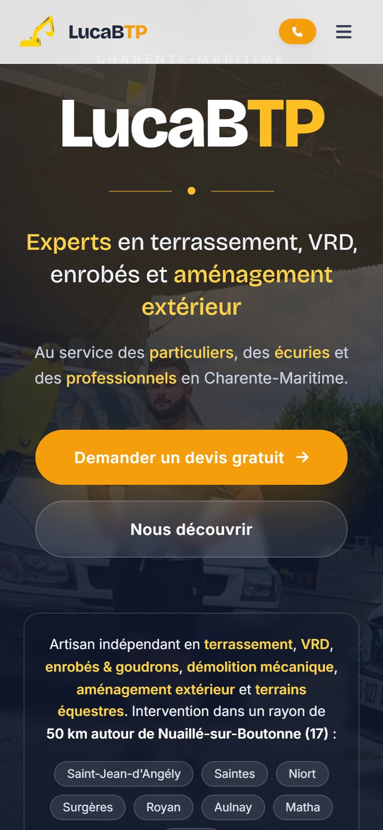 Vue mobile : hero adapté et CTA appel direct accessible au pouce