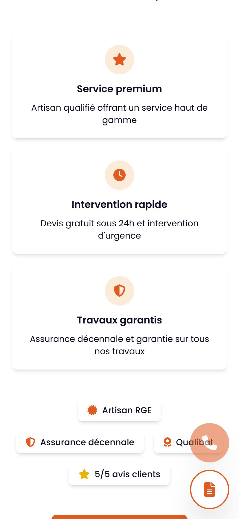 Vue mobile : section services adaptée au tactile
