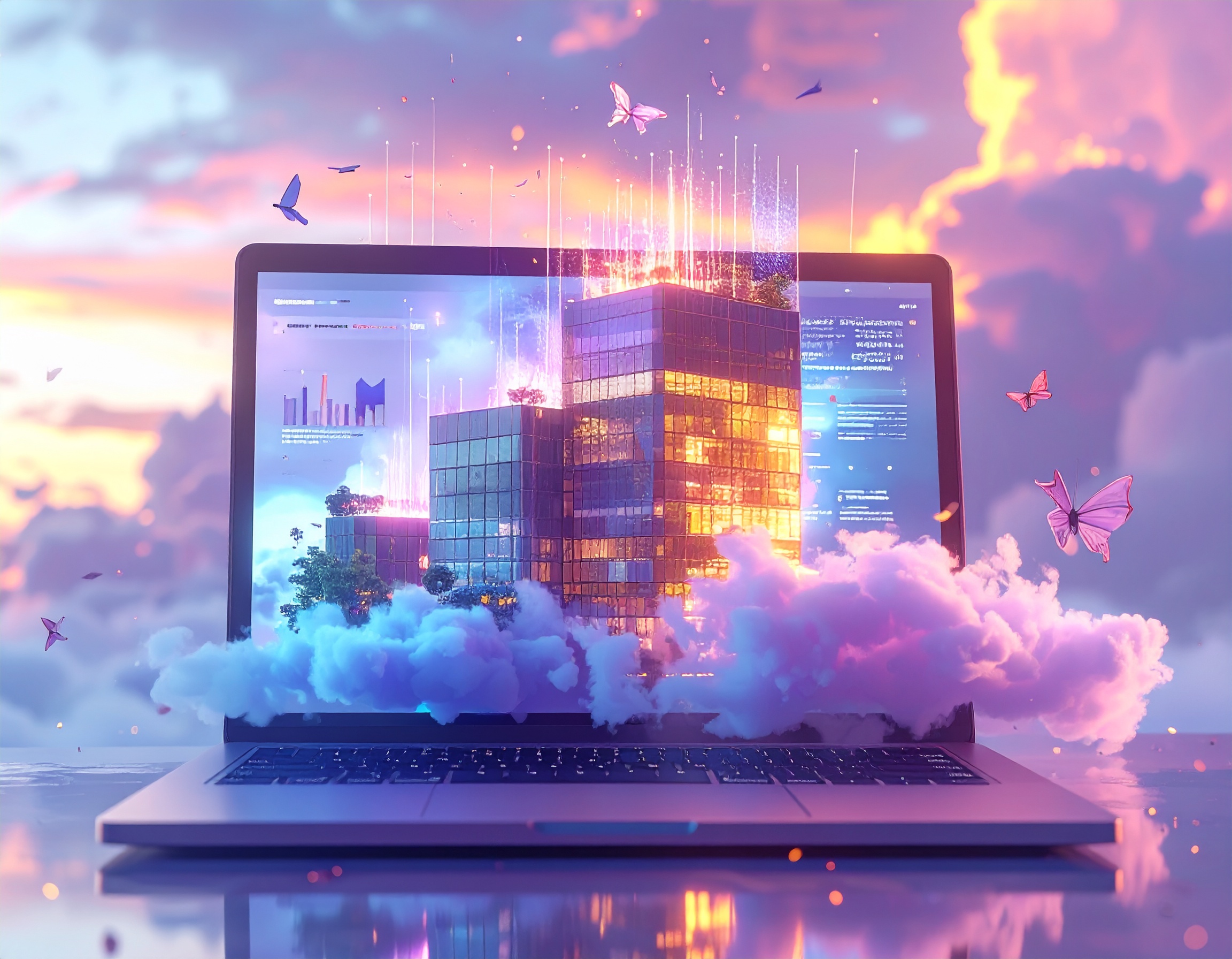 Site web sortant de l'écran avec nuages cosmiques violets et roses
